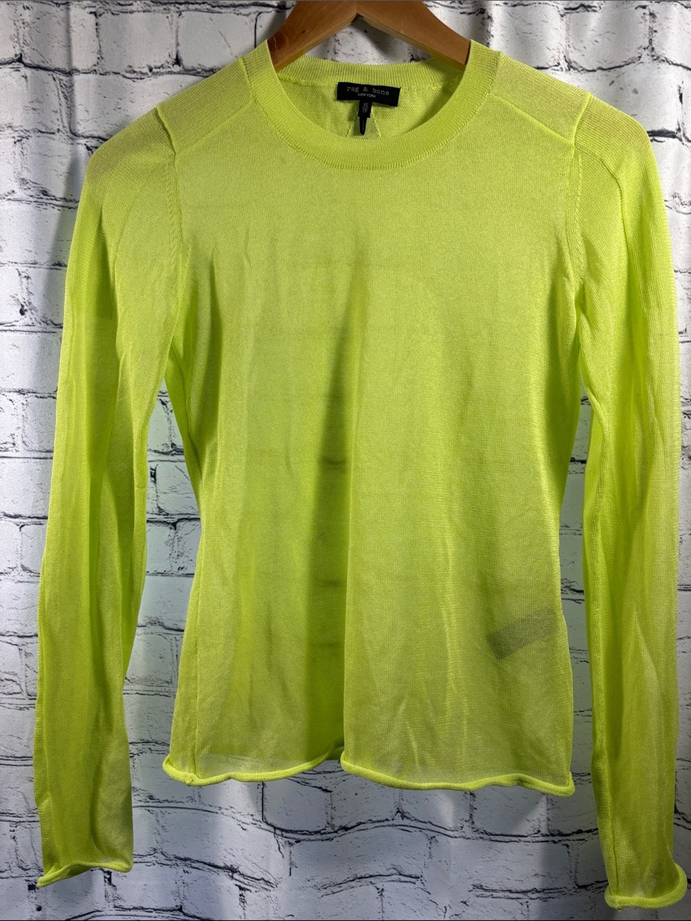 rag & bone Neon Lime Long Sleeve Crewneck Sheer Top